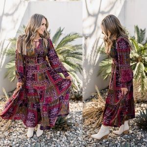 Patchwork long sleeve midi maxi holiday party Christmas dress S M L NEW